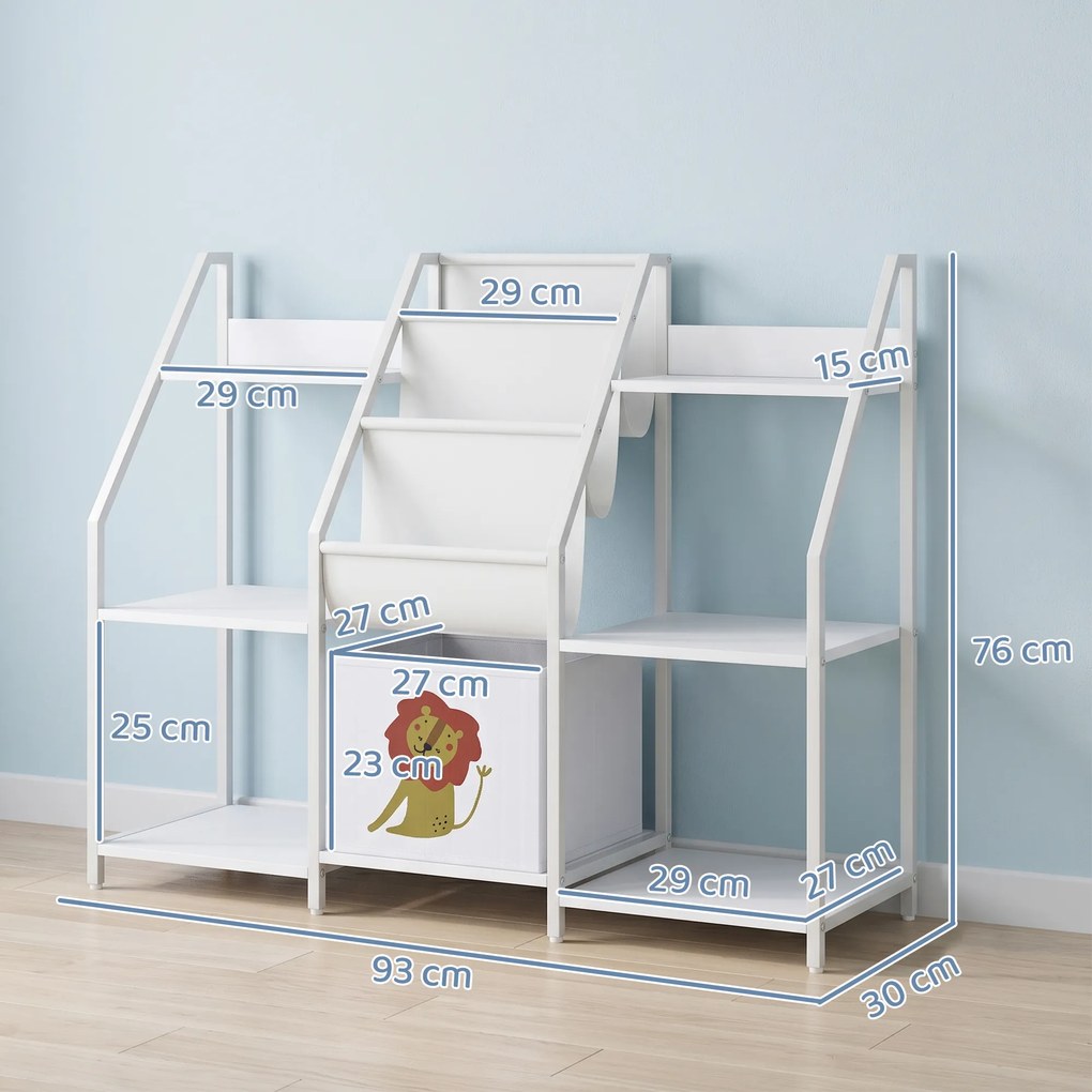 Estante infantil de 3 níveis, estante para livros infantis com gaveta em tecido, 93 x 30 x 76 cm, branca