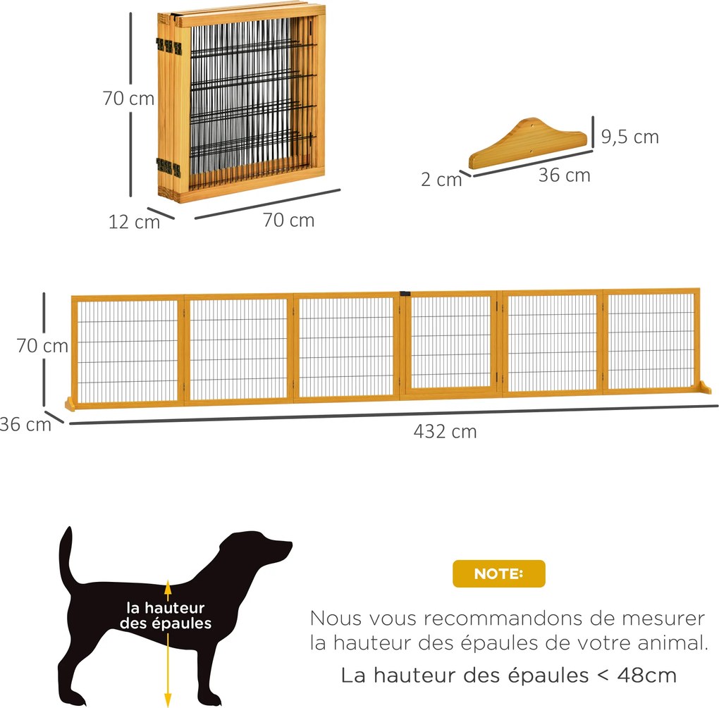 Barreira de segurança para cães, dobrável, com 6 painéis e pés removíveis, 432 x 36 x 70 cm, amarela