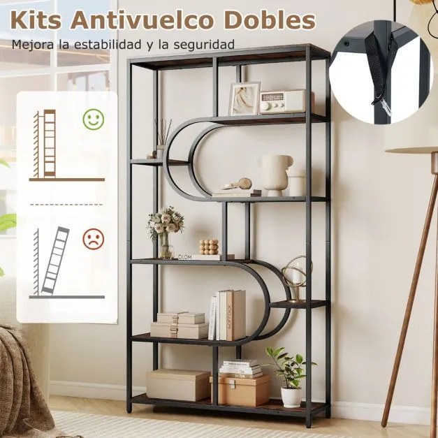 Estante de 8 prateleiras abertas 95 x 30 x 175 cm Design em forma de U Estrutura metálica castanho