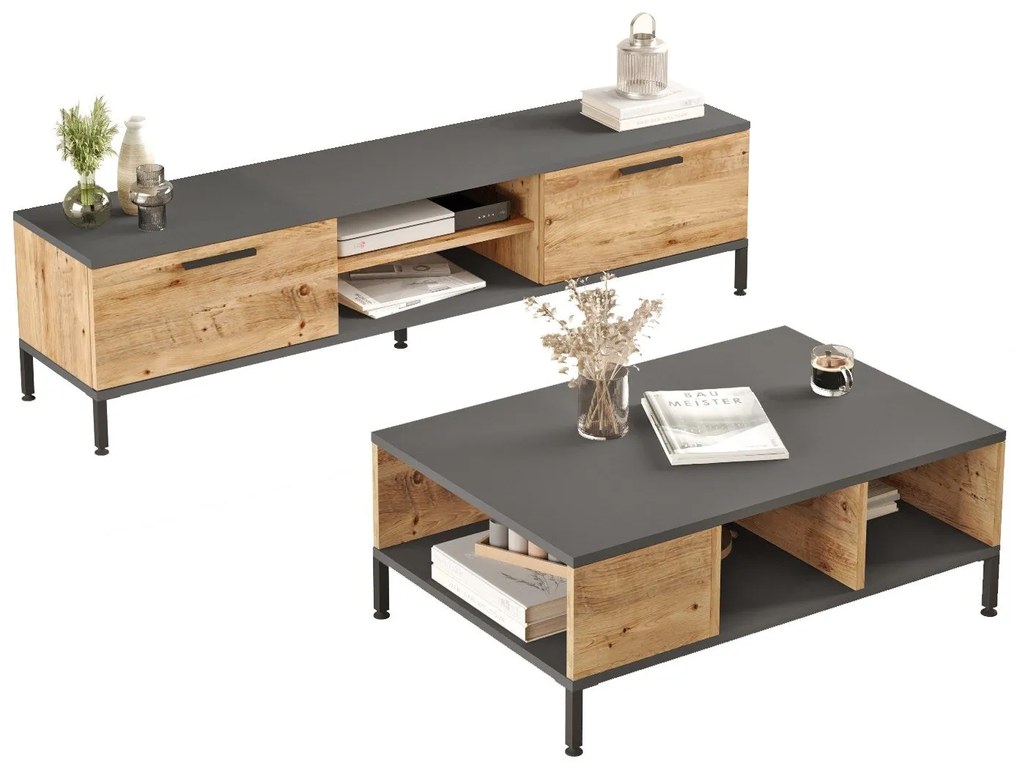 Conjunto de Mobiliário de Sala RL5 – Atlantic Pine e Antracite – TV St