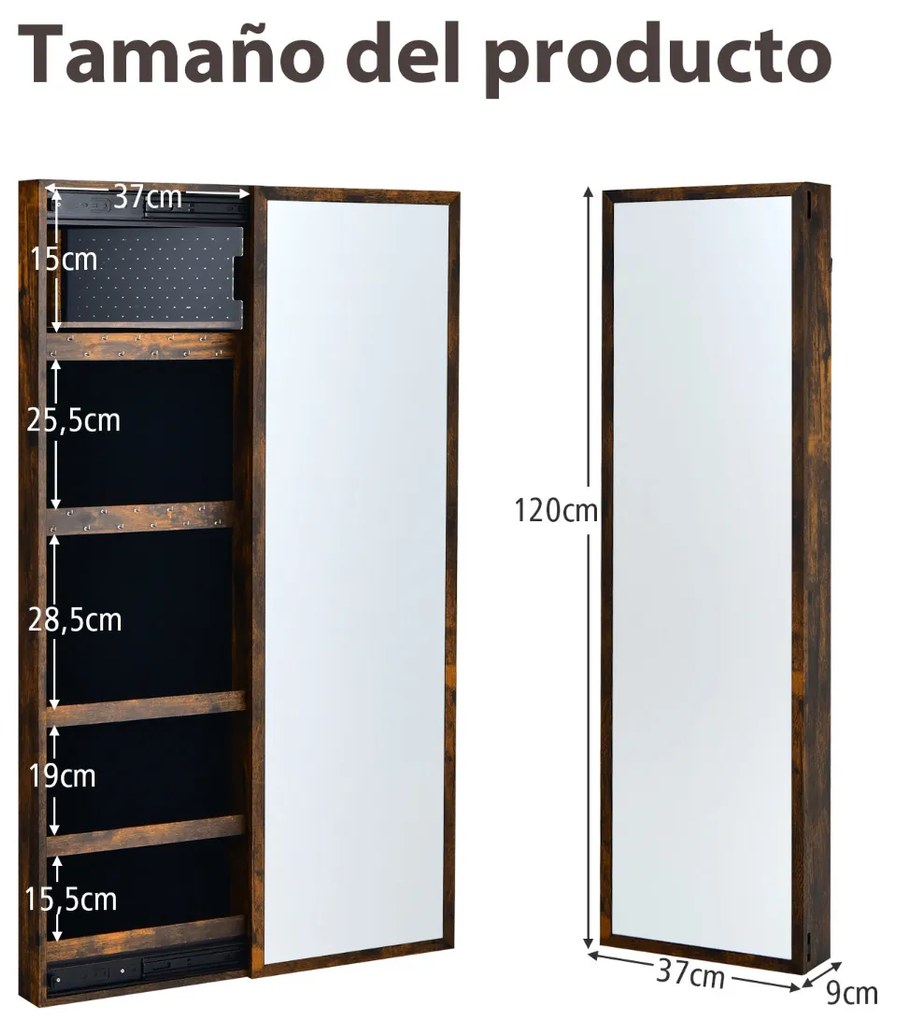 Armário de Joias com Espelho de parede de Jóias Montado em Muro de Jóias com Porta Deslizante Organizador de Jóias 37 x 9 x 120 cm Castanho
