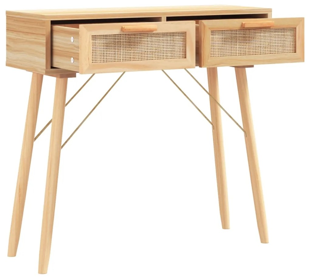 Mesa consola 80x30x75 cm pinho maciço e vime natural castanho