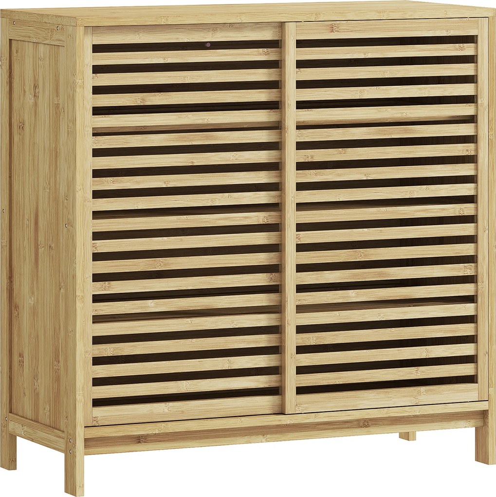 HOMCOM Armário de Casa de Banho em Bambu com 2 Portas de Correr Desenho com Ripas 4 Prateleiras Móvel Auxiliar de Arrumação 80x34x80 cm Madeira | Aosom Portugal