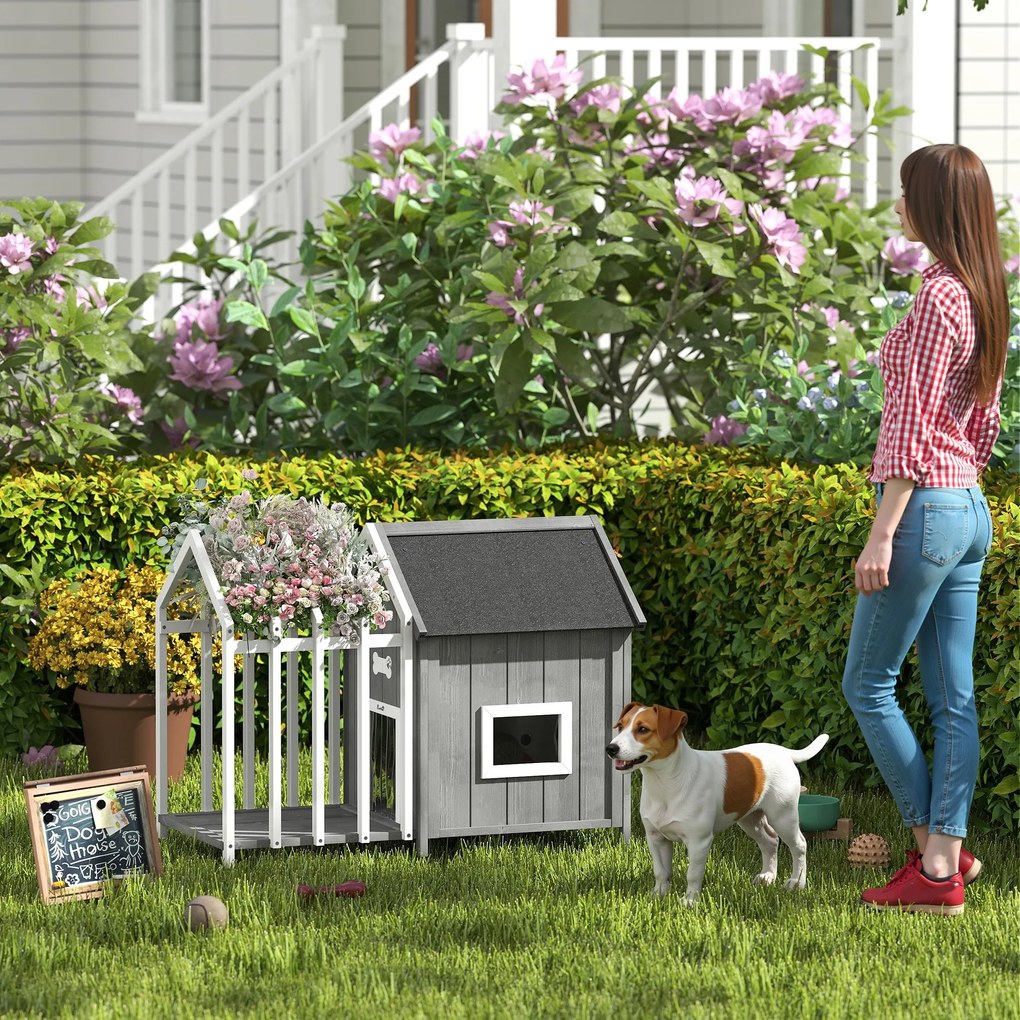 Casota com Compartimento aberto exterior para cães em madeira com terraço e porta de ripas, 106 x 62,5 x 80,5 cm, cinzenta