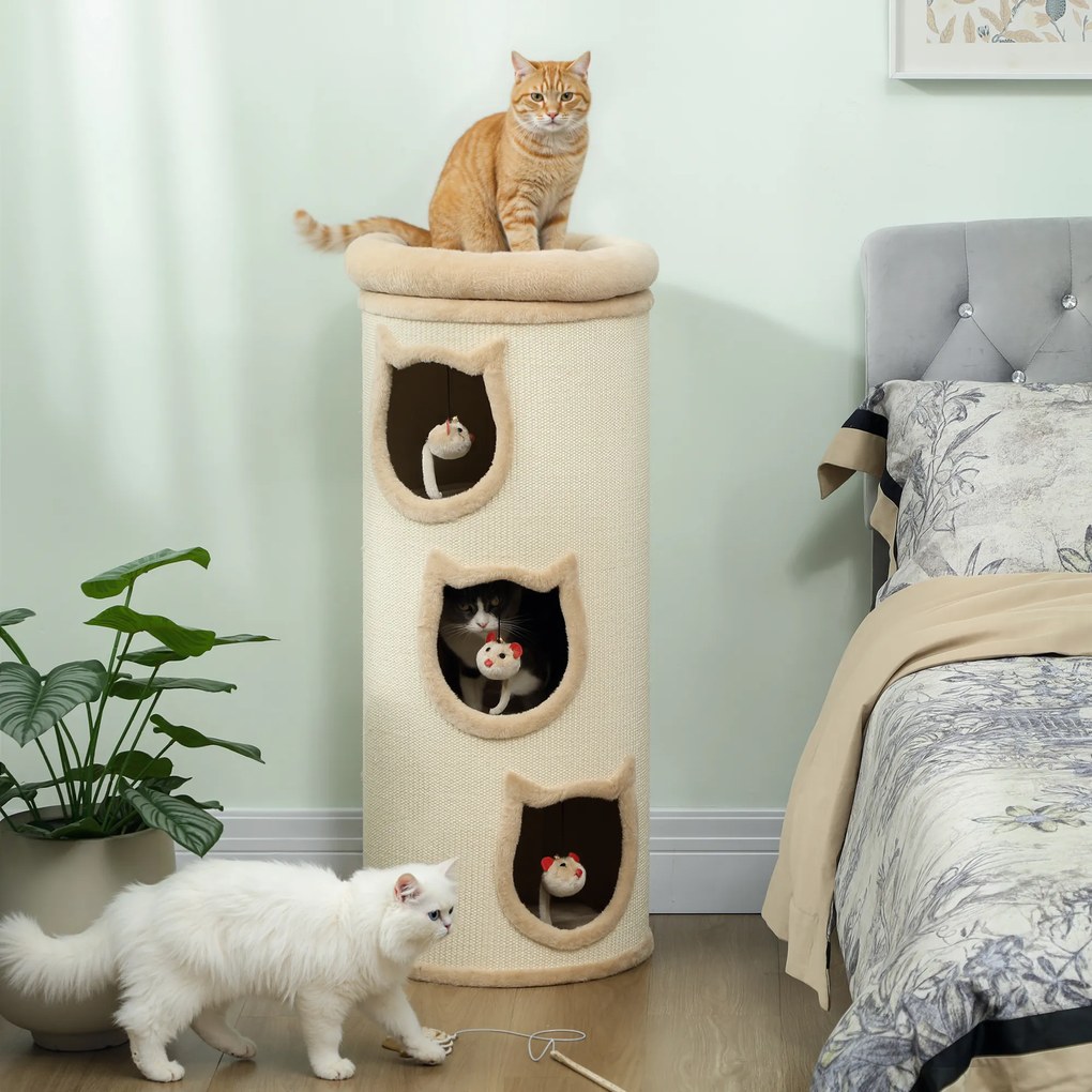 Cilindro para arranhar, torre para arranhar em sisal com borda em pelúcia, 3 níveis com plataforma, estável, Ø 38 x 96 cm, creme