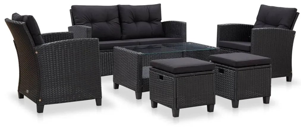 6 pcs conjunto sofás de jardim c/ almofadões vime PE preto