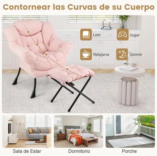 Poltrona com pufe moderna com apoio de pés rebatível Apoio de cabeça rebatível Almofada de apoio de braços Cadeira estofada para sala de estar Quarto