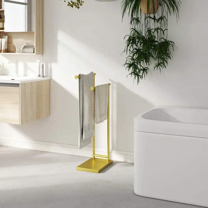 Toalheiro de Pé de 2 Níveis Toalheiro para Casa de Banho com 2 Barras e Estrutura Metálica Estilo Moderno em Forma de L 35,5x20x78 cm Dourado