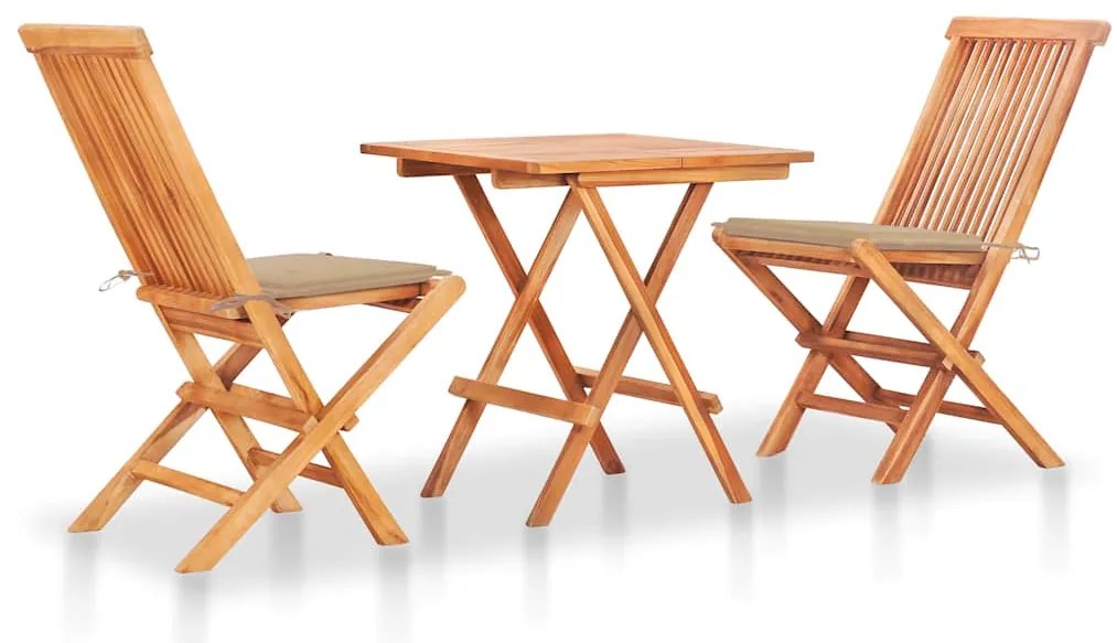 vidaXL Conjunto bistrô c/ almofadões beges 3 pcs teca maciça