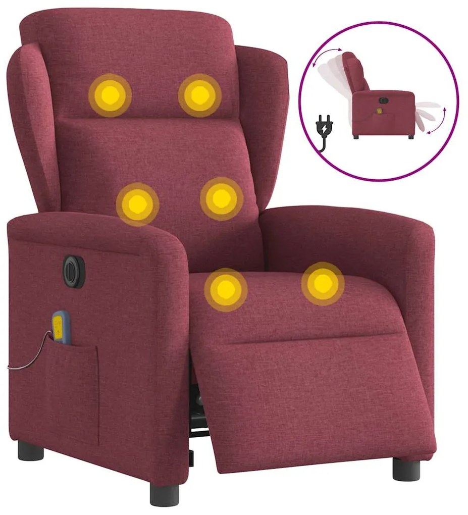 vidaXL Poltrona reclinável de massagens elétrica tecido vermelho tinto