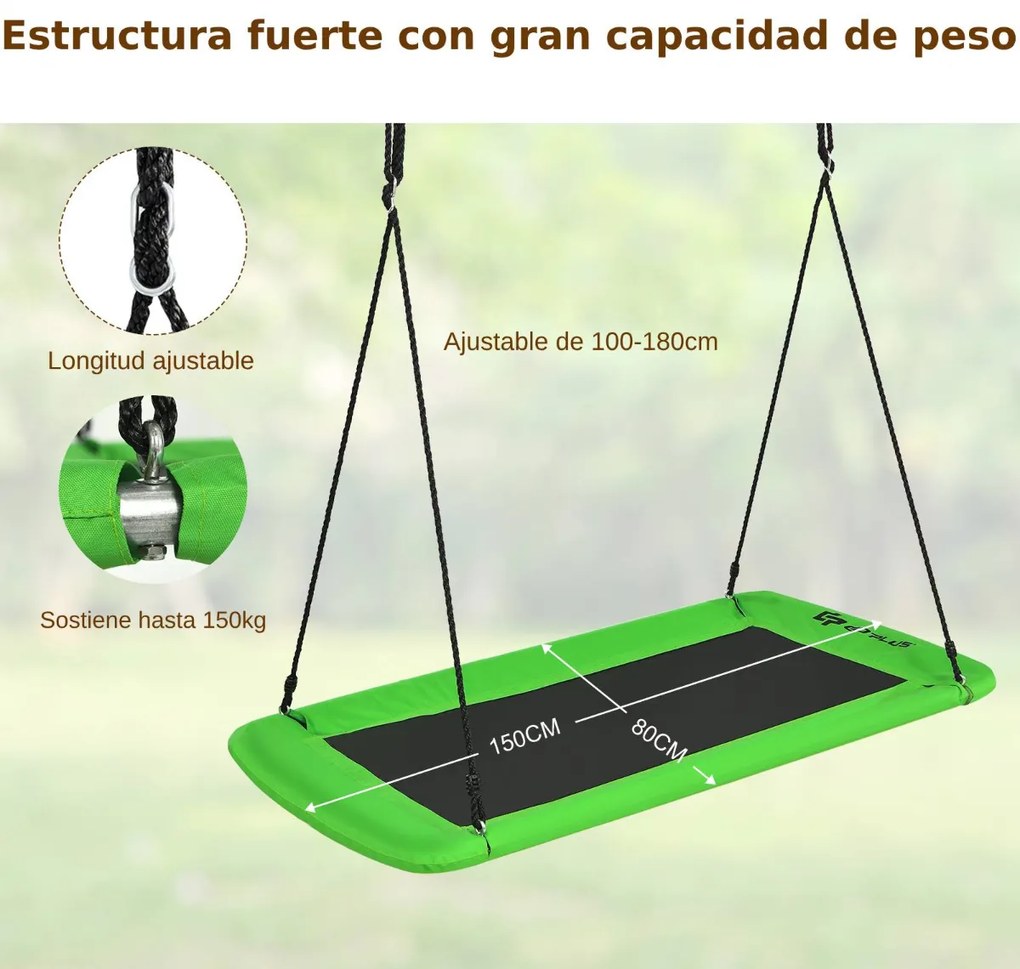Baloiço de corda ajustável para crianças Estrutura de aço impermeável Interior Exterior Pátio 150 x 80 cm Verde