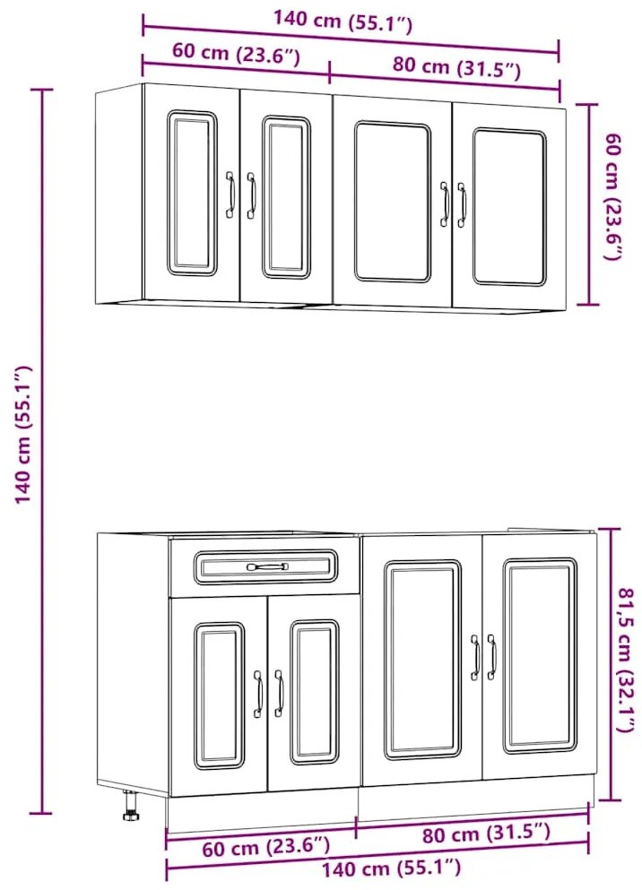4 peças armário de cozinha conjunto Kalmar carvalho artisiano