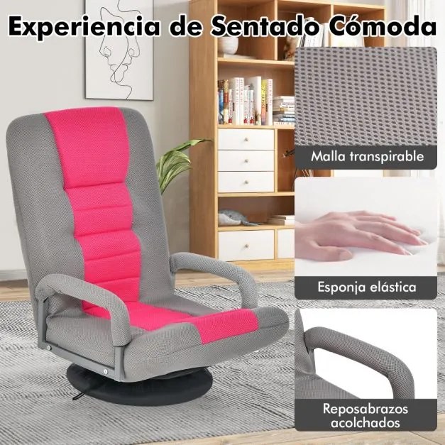 Sofá-cadeira rebatível ajustável em 6 posições com base giratória de 360° para ler e relaxar 61-87 x 55 x 75 cm Rosa