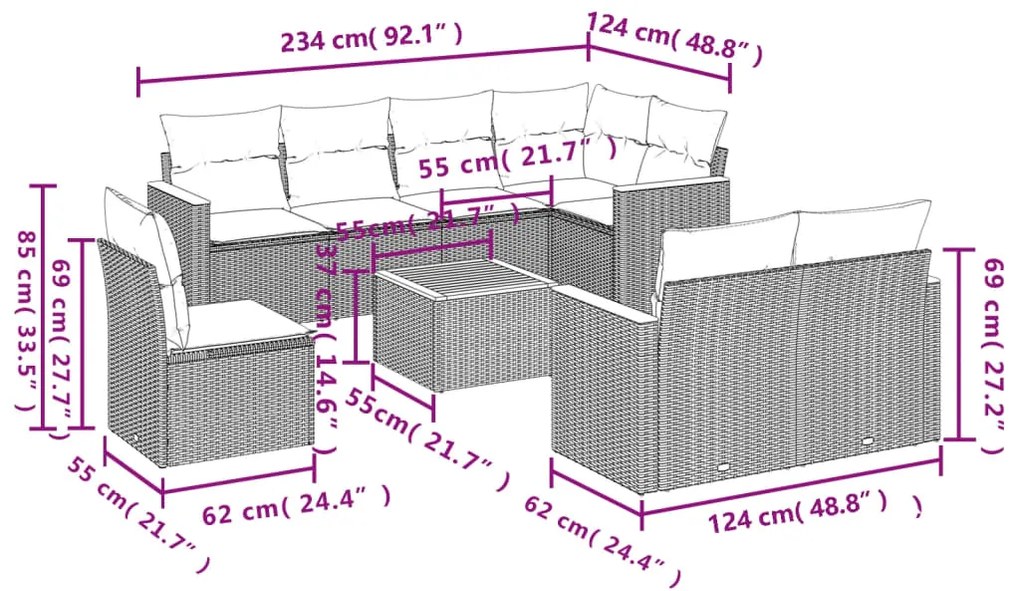 9 pcs conjunto sofás p/ jardim com almofadões vime PE cinzento