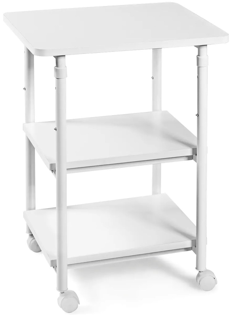 Suporte de 3 níveis para impressoras com rodas giratórias Estante de altura ajustável para escritório em casa 49 x 40 x 67/77 cm Branco