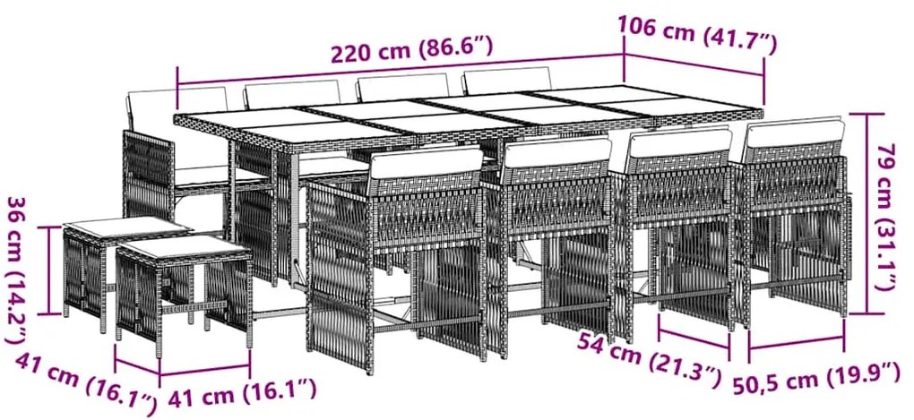 13 pcs conjunto de jantar p/jardim com almofadões vime PE preto