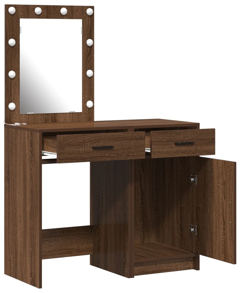 Conjunto de Mesa de Maquilhagem de 2 Peças com LED em Madeira de Carva