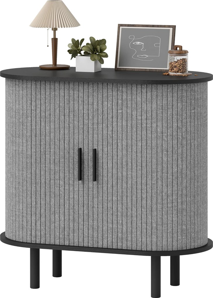 Aparador de Sala Oval, 80 x 40 x 78 cm, Portas de Correr Caneladas, Cinzento