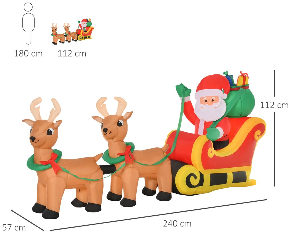 Pai Natal com Trenó e Renas Infláveis com Luzes LED Decoração de Natal para Exterior Ar Livre com Inflador 240x57x112cm Multicor