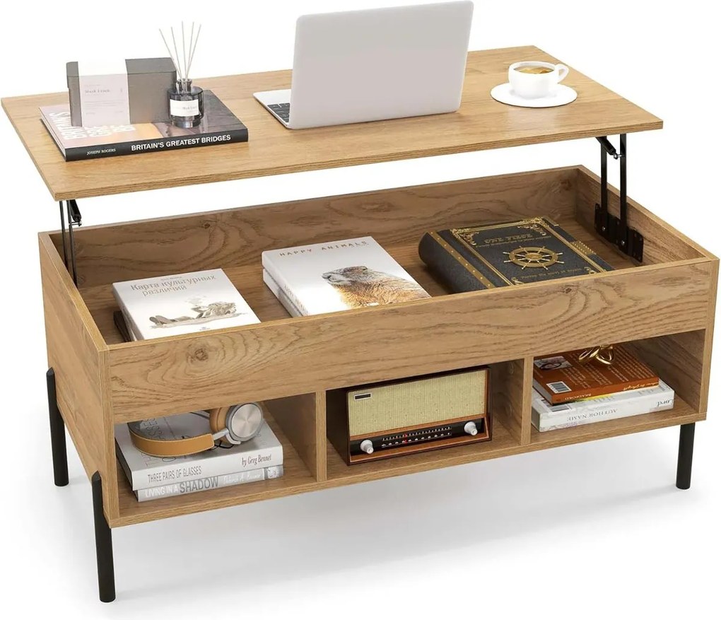 Mesa de centro com tampo elevável 100 x 50 x 46 cm, amplo compartimento oculto, 3 prateleiras abertas e pernas de metal para sala e escritório Natural