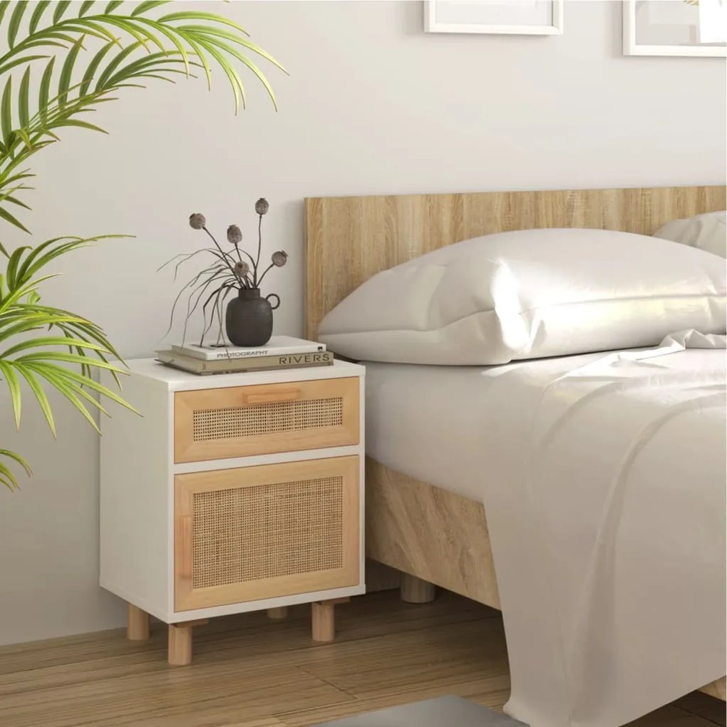 Mesa de cabeceira pinho maciço e vime natural branco