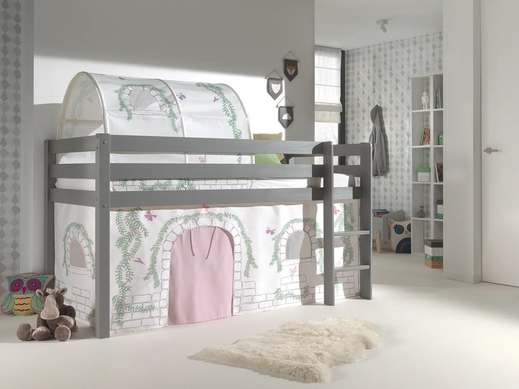Conjunto Cama alta de Criança PINO 90 x 200 cm + estrado + escada + cortina + tunel Pássaro Cinzenta