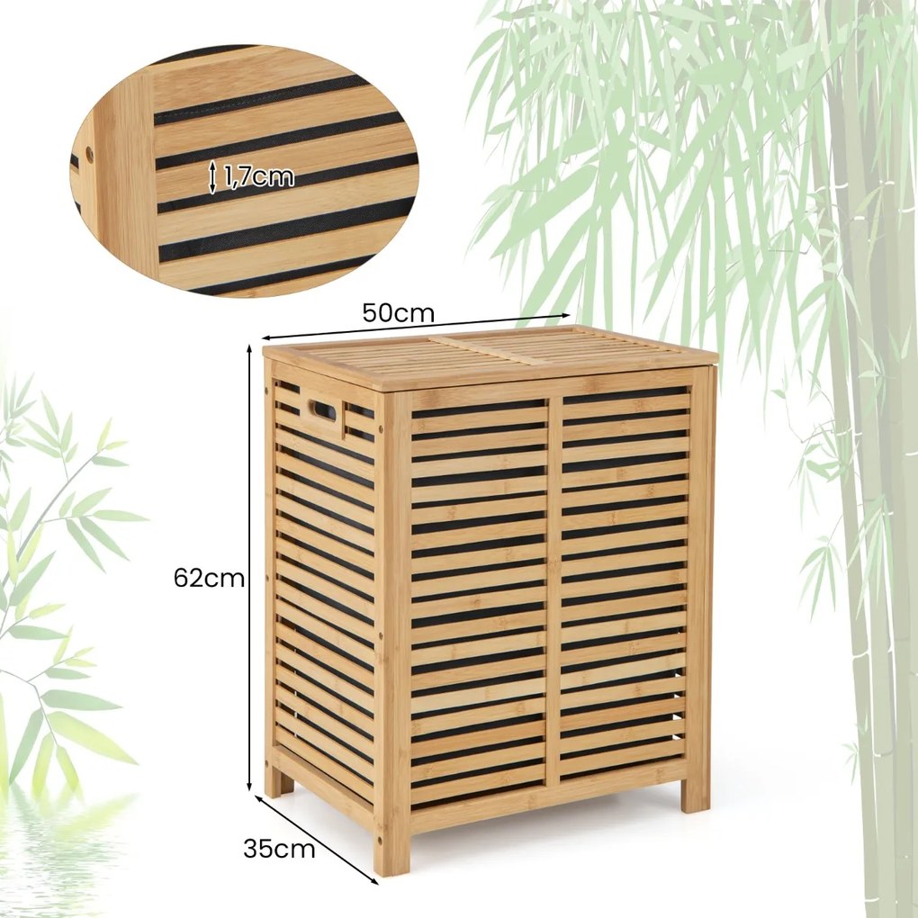 Cesto para roupa suja de bambu 80 L Organizador de roupa suja de bambu ripas para lavandaria Quarto e casa de banho 50 x 35 x 62 cm Natural