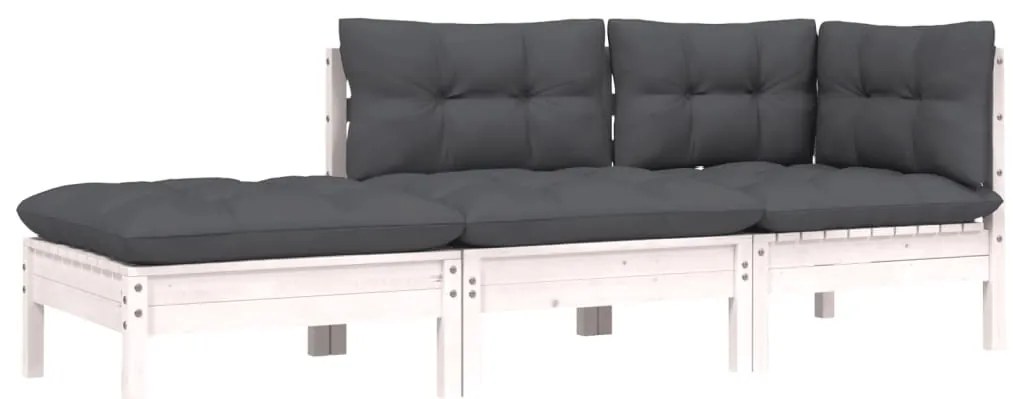 3 pcs conjunto lounge jardim c/ almofadões pinho maciço branco