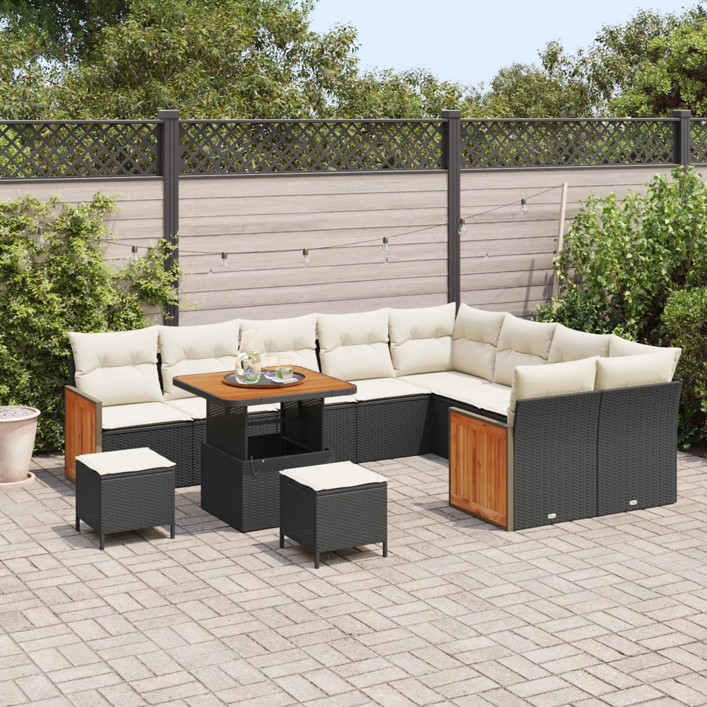 Conjunto de Sofá de Jardim vidaXL de 12 Peças com Almofadas Preto Polirattan Acácia