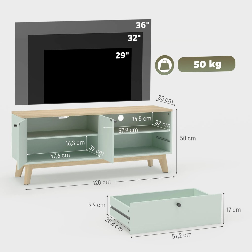 Móvel para televisão de 120 L x 35 P x 50 A cm, adequado para televisores até 36 polegadas, com 2 portas, uma gaveta e um compartimento aberto, verde