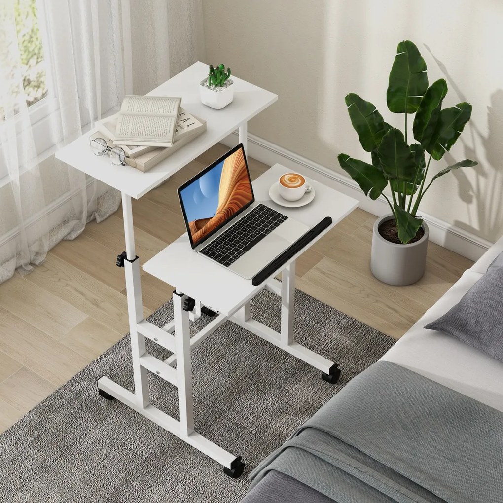 Secretária de pé para computador 60 x 30 x 72-124 cm com rodas Altura ajustável Tampo dividido e ângulo ajustável 2 ganchos Branco