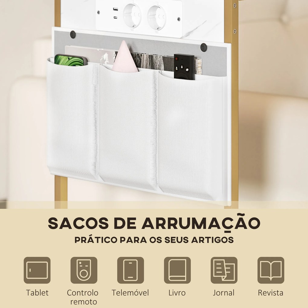 Mesa Auxiliar com Estação de Carga Mesa Lateral com 2 Entradas USB 1 Entrada USB-C e Bolsa Organizadora 25,5x40x71 cm Branco