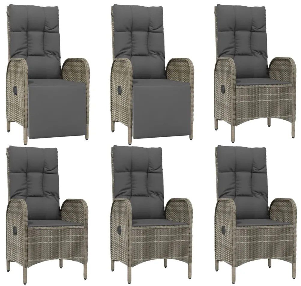 7 pcs conjunto de jantar p/ jardim c/ almofadões vime PE cinza