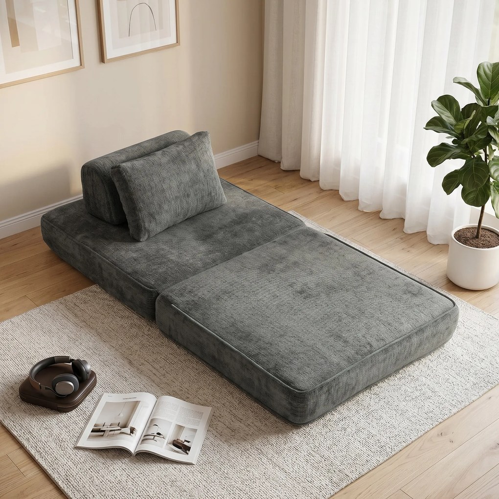 Sofá-cama dobrável 2 em 1, poltrona individual, convertível em chenille, almofada grossa, encosto e almofada de cabeça, cinzento