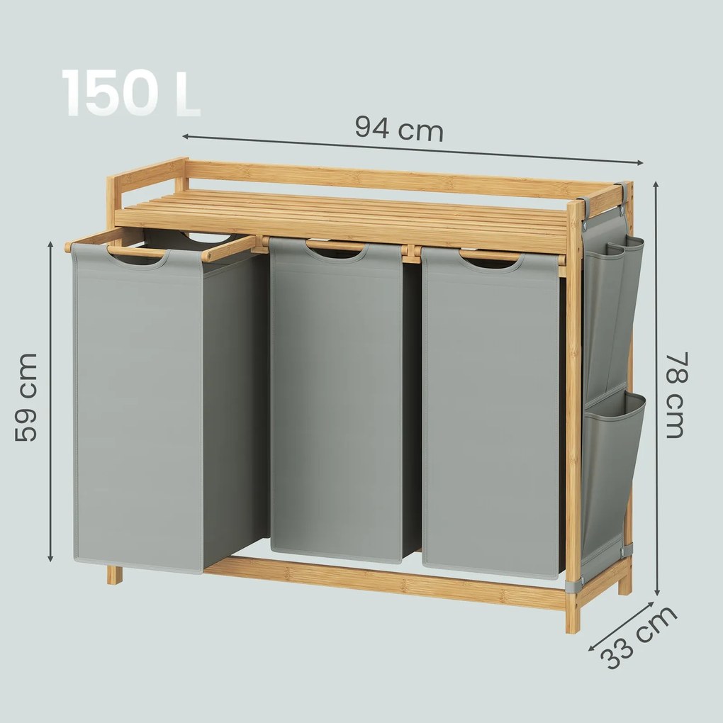 Cesto da roupa suja com 3 compartimentos, bambu, 150 L, 93,8 x 33,8 x 78 cm cinzento