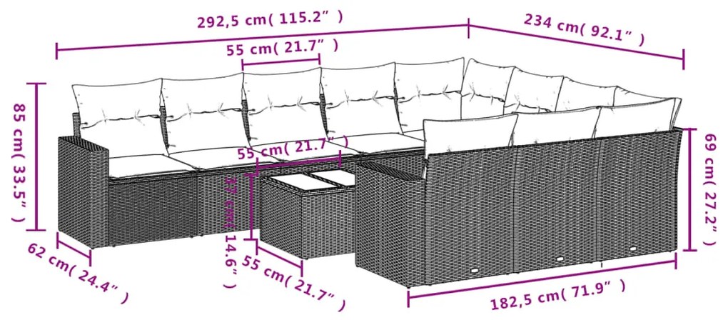 11 pcs conjunto sofás de jardim c/ almofadões vime PE cinzento