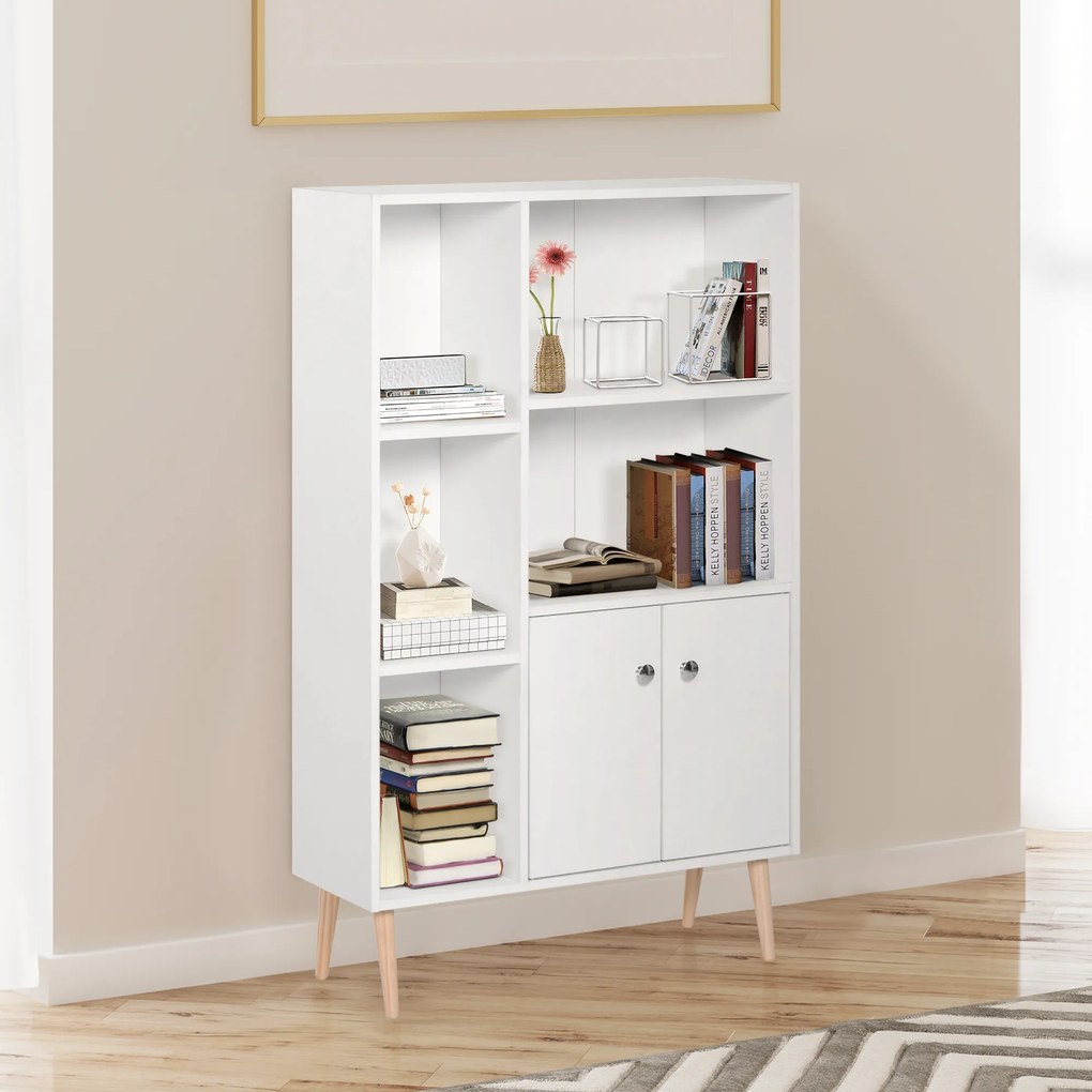 Estante escandinava, móvel de arrumação, 80 x 23,5 x 123 cm, 5 compartimentos abertos, armário com 2 portas, pés cónicos inclinados, madeira maciça, p