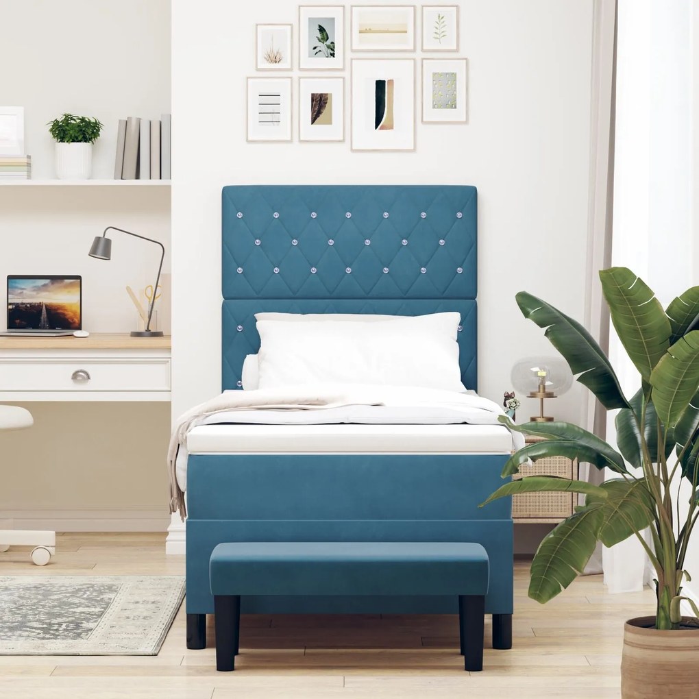 Cama Box Spring com Colchão e Banco Azul Escuro 90x200 cm Veludo