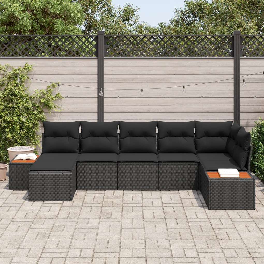 Conjunto de Sofá de Jardim com Almofadas Pretas em Rattan Polipropilen
