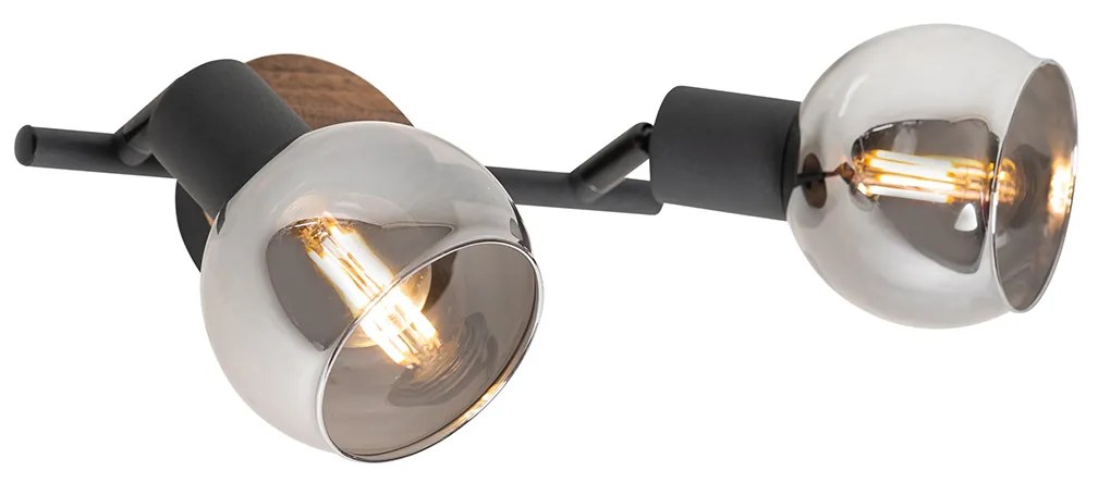 Candeeiro de teto preto com vidro fumê e madeira 2-luzes - Vidro Moderno