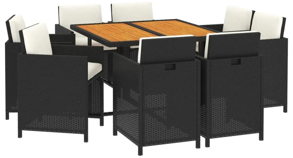 9 pcs conjunto de jantar p/ jardim c/ almofadões vime PE preto