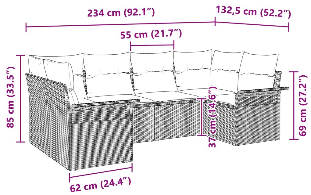Conjunto de Sofá de 6 Peças com Almofadas Bege Vime Poli