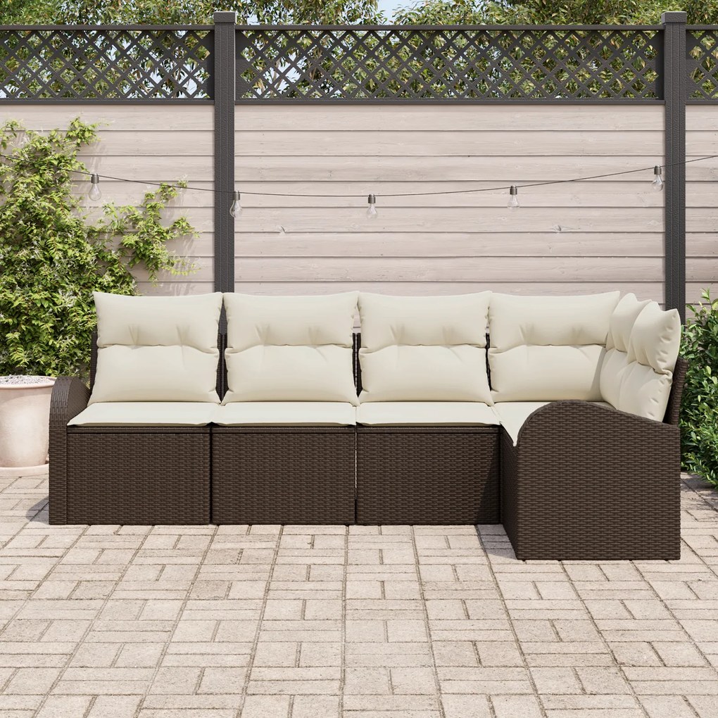 Conjunto de Sofás de 5 Peças para Jardim com Almofadas Castanho Vime P
