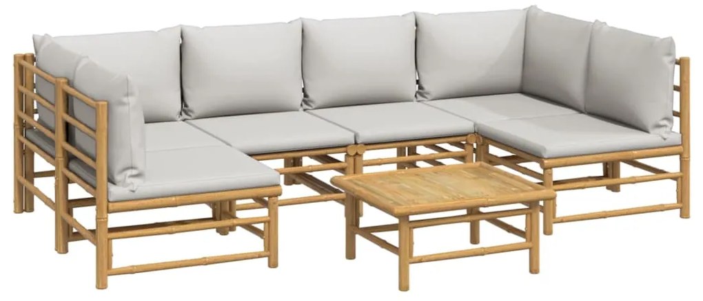 7 pcs conj. lounge de jardim bambu c/ almofadões cinzento-claro