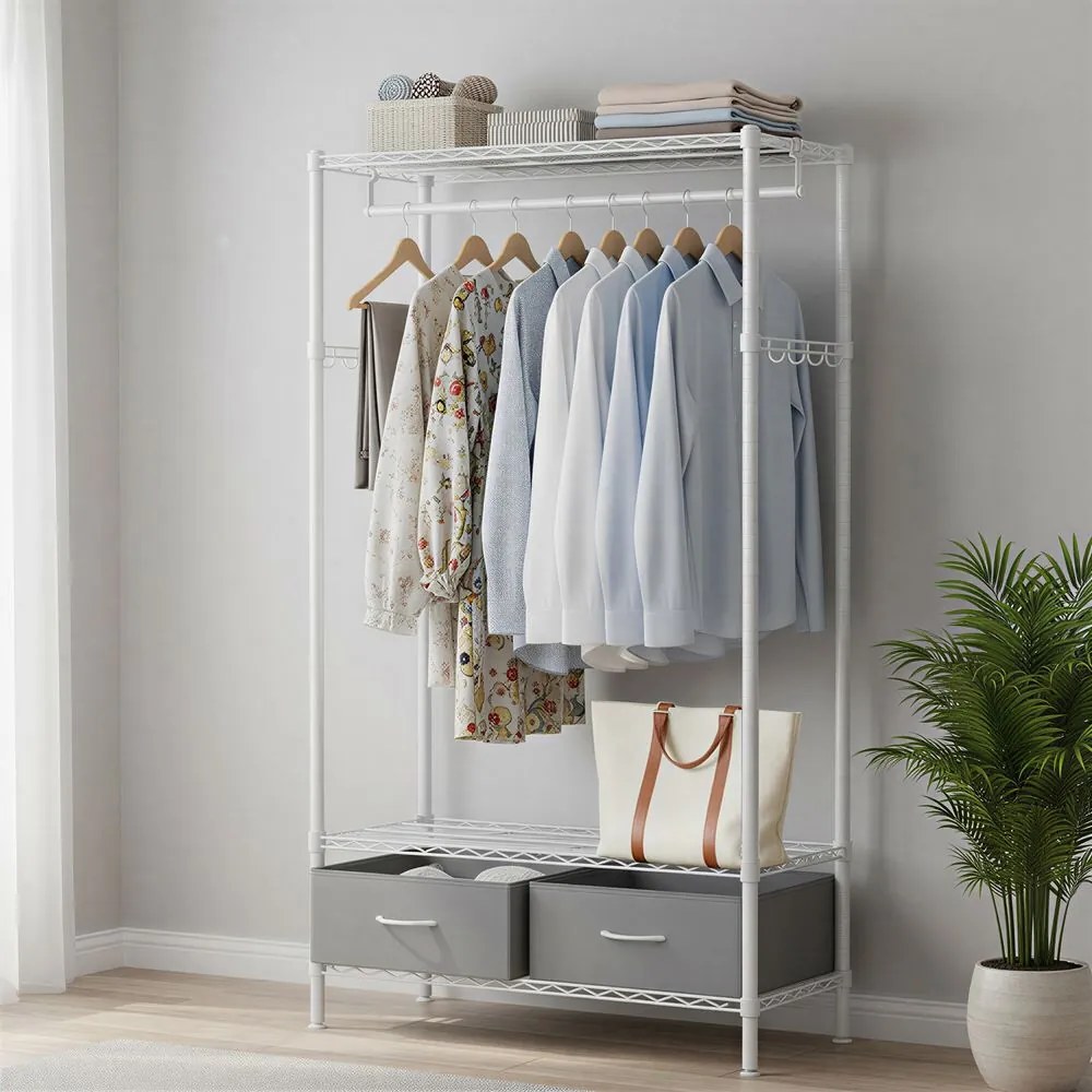 Guarda roupa aberto 40 x 90 x 180 cm com 2 gavetas em branco e cinzento