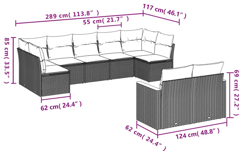9 pcs conjunto de sofás p/ jardim com almofadões vime PE bege
