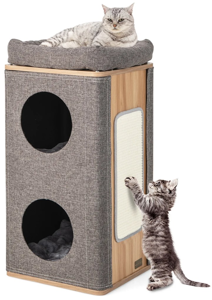 Condomínio para gatos de 39" de altura com arranhadores, 3 esconderijos e 4 almofadas macias de pelúcia - cinza