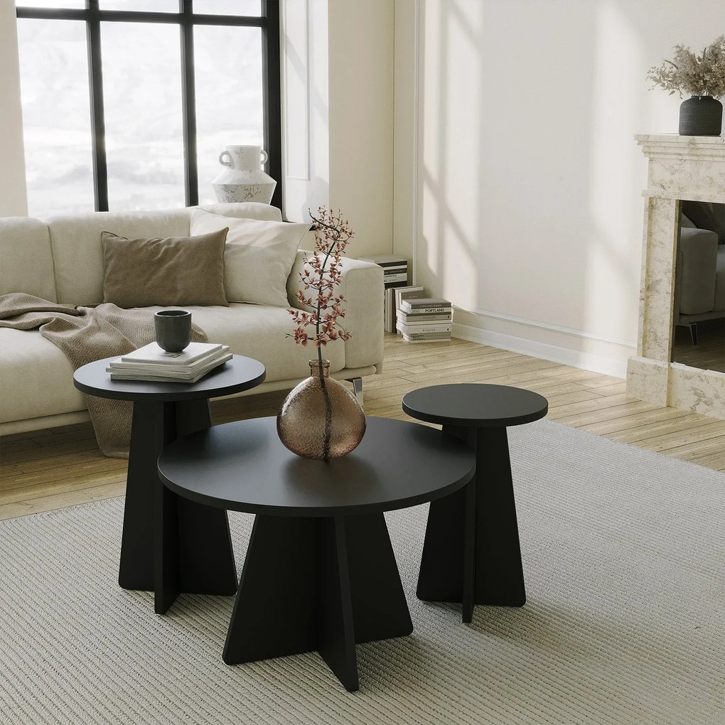 Conjunto de Mesas de Centro Mushroom – Preto – 60x40x60 cm, 40x50x40 c