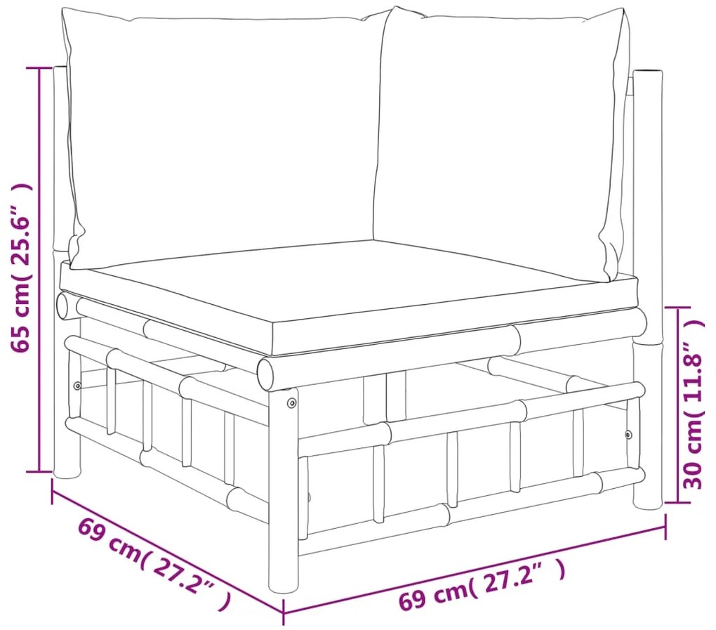 9pcs conj. lounge de jardim bambu c/ almofadões cinzento-escuro