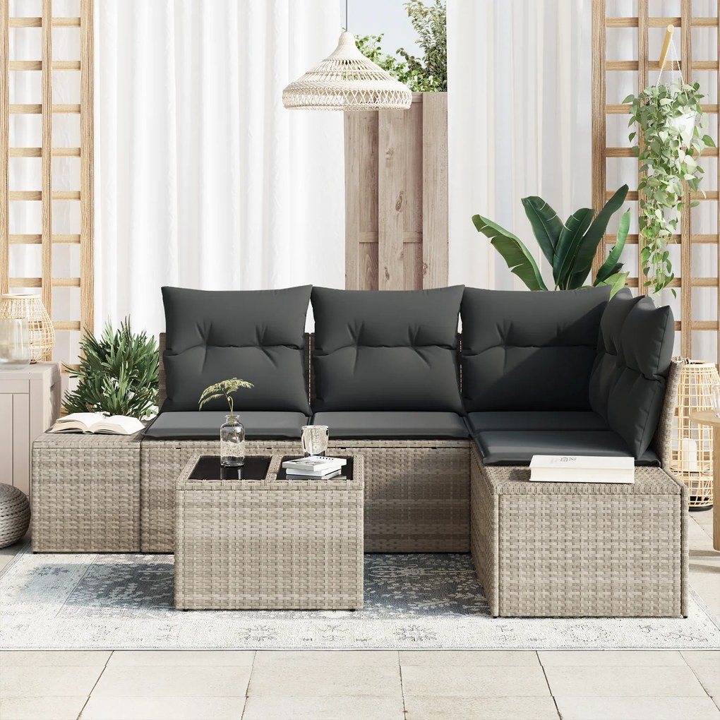 Conjunto de Sofá de 5 Peças para Jardim com Almofadas Cinza Rattan Pol